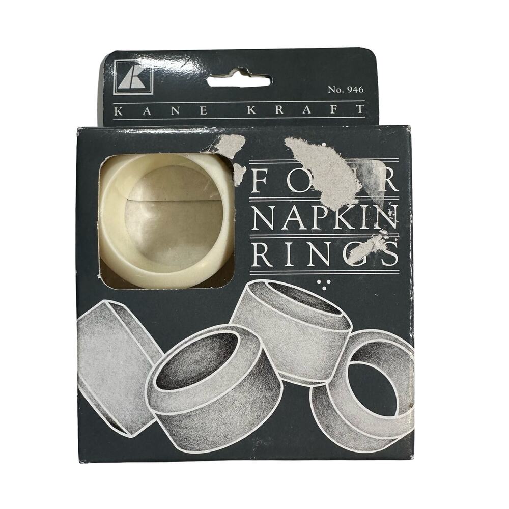 Kane Kraft VTG New In Box NOS Ivory White Set Of 4 Heavy Plastic Napkin Rings